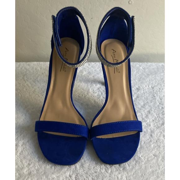 Anne Michelle Size 8 Royal Blue Faux Diamonds Open Toe High Heels Ankle Strap - Picture 7 of 16